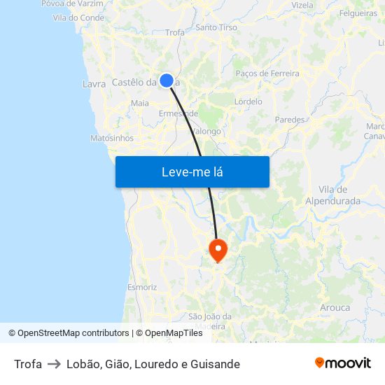 Trofa to Lobão, Gião, Louredo e Guisande map