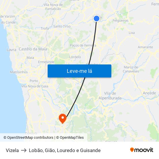 Vizela to Lobão, Gião, Louredo e Guisande map