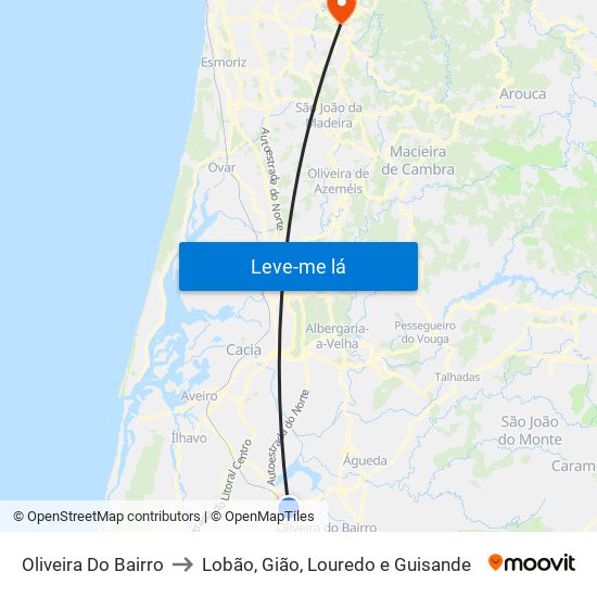 Oliveira Do Bairro to Lobão, Gião, Louredo e Guisande map