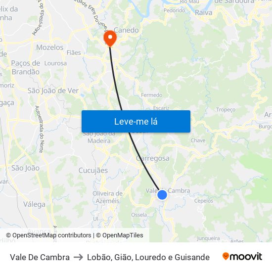 Vale De Cambra to Lobão, Gião, Louredo e Guisande map