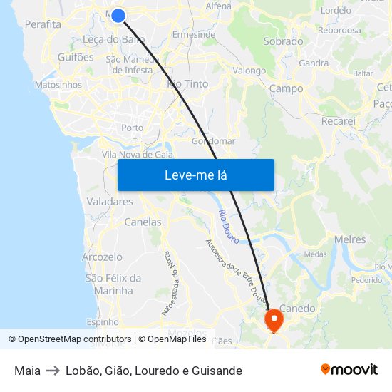 Maia to Lobão, Gião, Louredo e Guisande map