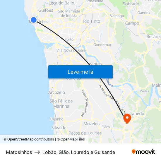 Matosinhos to Lobão, Gião, Louredo e Guisande map