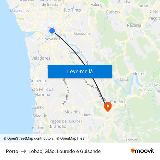 Porto to Lobão, Gião, Louredo e Guisande map