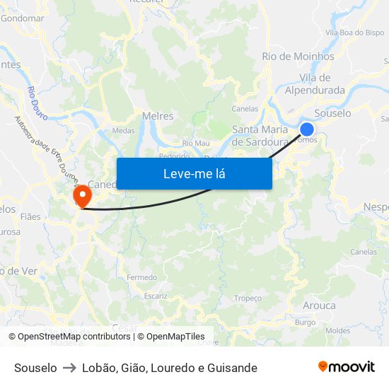 Souselo to Lobão, Gião, Louredo e Guisande map