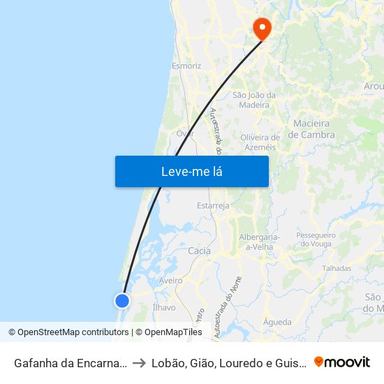 Gafanha da Encarnação to Lobão, Gião, Louredo e Guisande map