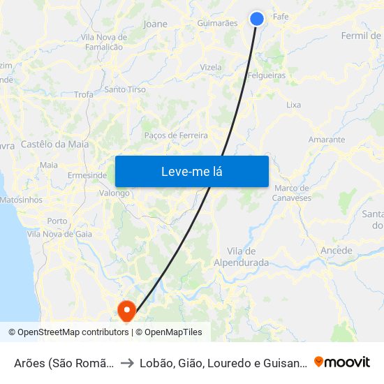 Arões (São Romão) to Lobão, Gião, Louredo e Guisande map