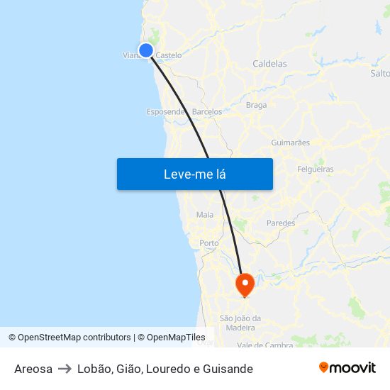 Areosa to Lobão, Gião, Louredo e Guisande map