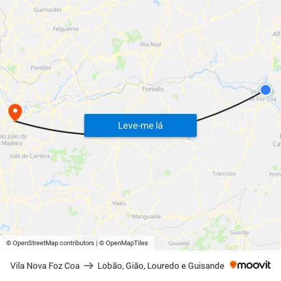 Vila Nova Foz Coa to Lobão, Gião, Louredo e Guisande map