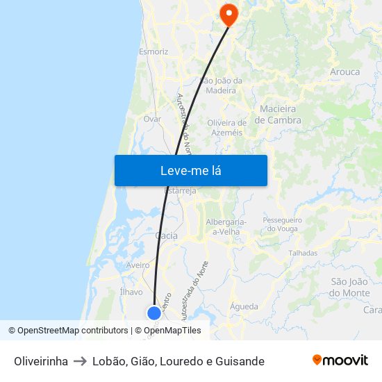 Oliveirinha to Lobão, Gião, Louredo e Guisande map