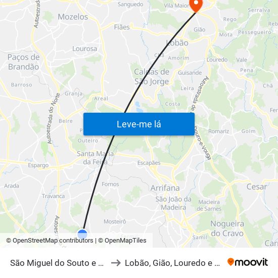 São Miguel do Souto e Mosteirô to Lobão, Gião, Louredo e Guisande map