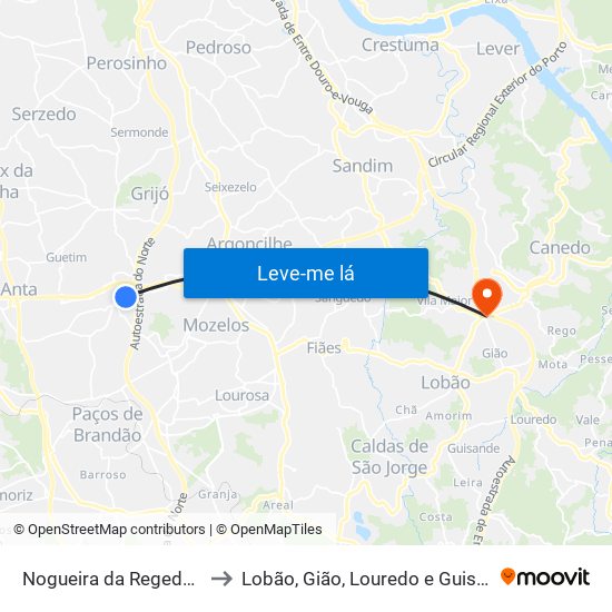 Nogueira da Regedoura to Lobão, Gião, Louredo e Guisande map