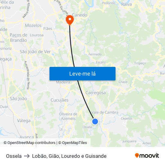 Ossela to Lobão, Gião, Louredo e Guisande map