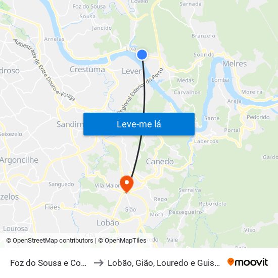 Foz do Sousa e Covelo to Lobão, Gião, Louredo e Guisande map