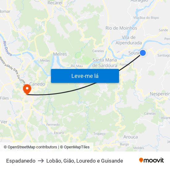 Espadanedo to Lobão, Gião, Louredo e Guisande map