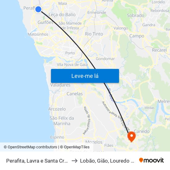 Perafita, Lavra e Santa Cruz do Bispo to Lobão, Gião, Louredo e Guisande map