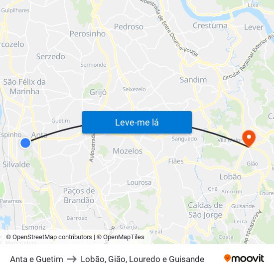 Anta e Guetim to Lobão, Gião, Louredo e Guisande map