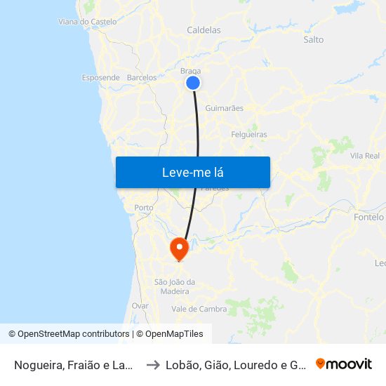 Nogueira, Fraião e Lamaçães to Lobão, Gião, Louredo e Guisande map