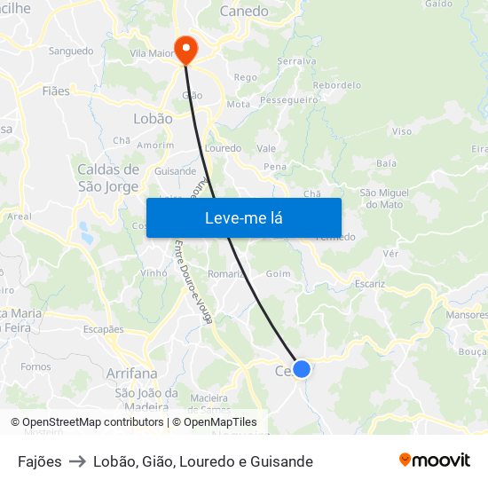 Fajões to Lobão, Gião, Louredo e Guisande map