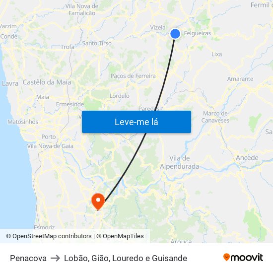 Penacova to Lobão, Gião, Louredo e Guisande map