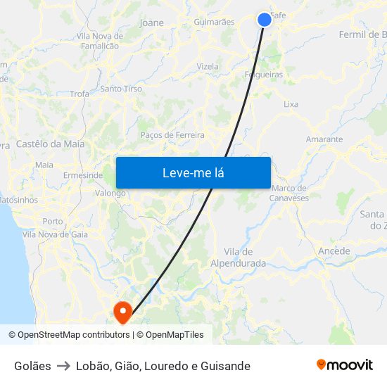 Golães to Lobão, Gião, Louredo e Guisande map