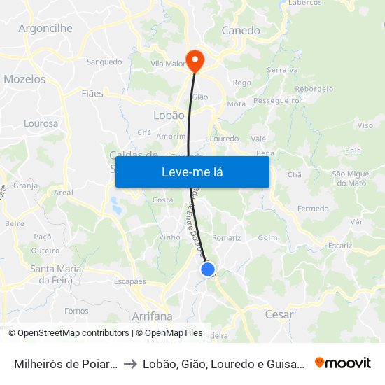 Milheirós de Poiares to Lobão, Gião, Louredo e Guisande map