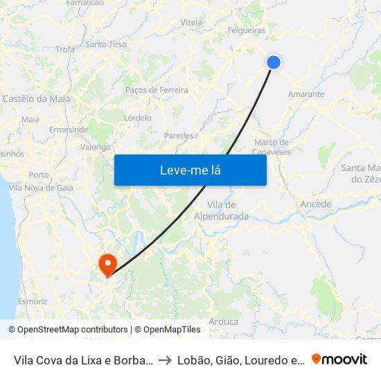 Vila Cova da Lixa e Borba de Godim to Lobão, Gião, Louredo e Guisande map