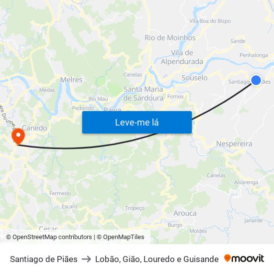 Santiago de Piães to Lobão, Gião, Louredo e Guisande map