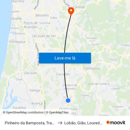 Pinheiro da Bemposta, Travanca e Palmaz to Lobão, Gião, Louredo e Guisande map