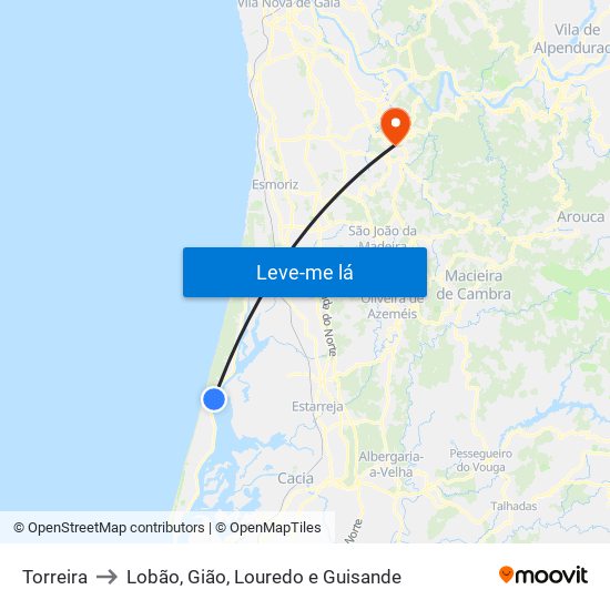 Torreira to Lobão, Gião, Louredo e Guisande map