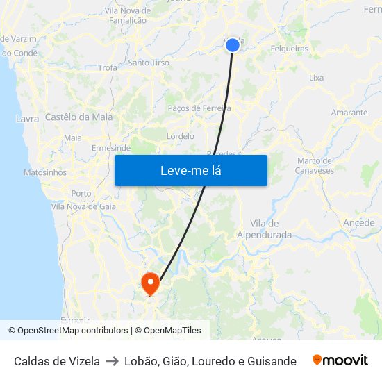 Caldas de Vizela to Lobão, Gião, Louredo e Guisande map