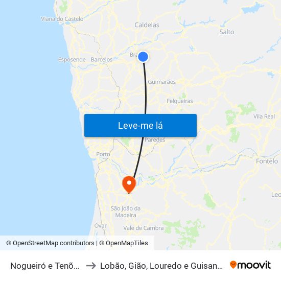 Nogueiró e Tenões to Lobão, Gião, Louredo e Guisande map