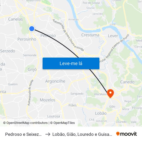 Pedroso e Seixezelo to Lobão, Gião, Louredo e Guisande map