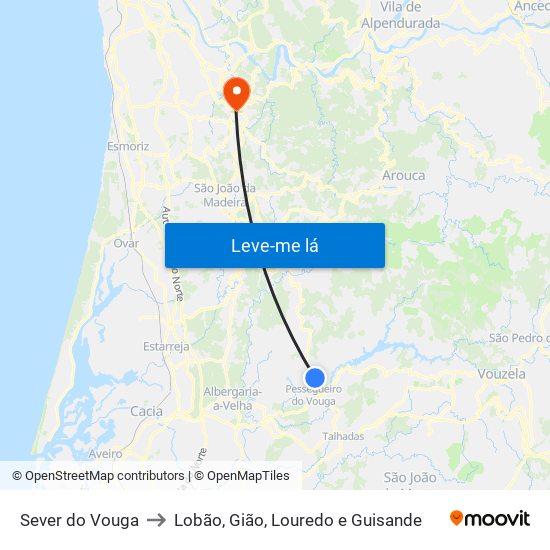 Sever do Vouga to Lobão, Gião, Louredo e Guisande map