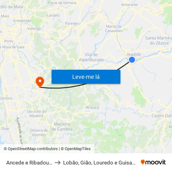 Ancede e Ribadouro to Lobão, Gião, Louredo e Guisande map