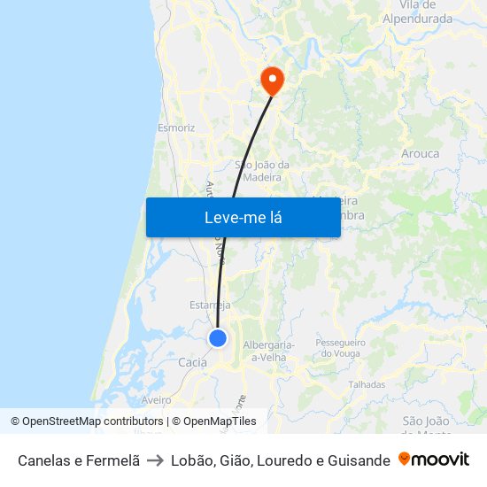 Canelas e Fermelã to Lobão, Gião, Louredo e Guisande map