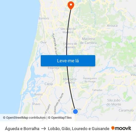 Águeda e Borralha to Lobão, Gião, Louredo e Guisande map