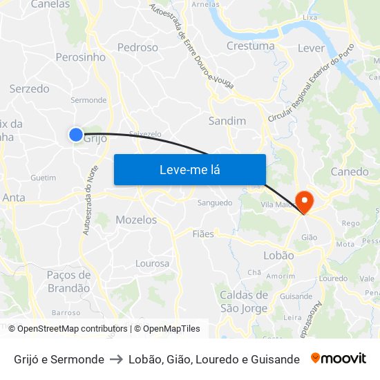 Grijó e Sermonde to Lobão, Gião, Louredo e Guisande map