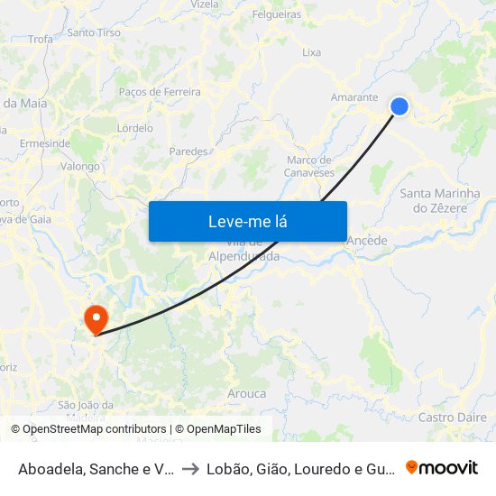 Aboadela, Sanche e Várzea to Lobão, Gião, Louredo e Guisande map