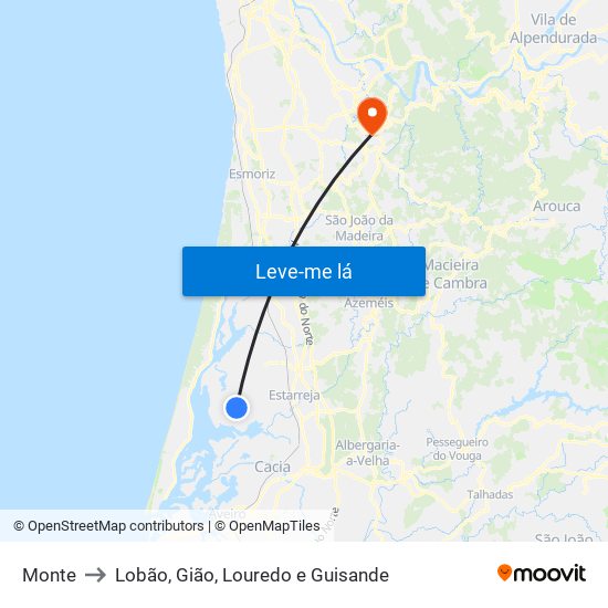 Monte to Lobão, Gião, Louredo e Guisande map