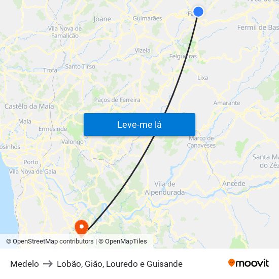 Medelo to Lobão, Gião, Louredo e Guisande map