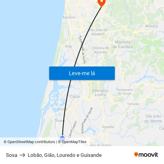 Sosa to Lobão, Gião, Louredo e Guisande map