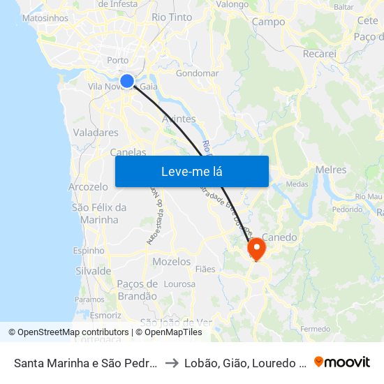Santa Marinha e São Pedro da Afurada to Lobão, Gião, Louredo e Guisande map
