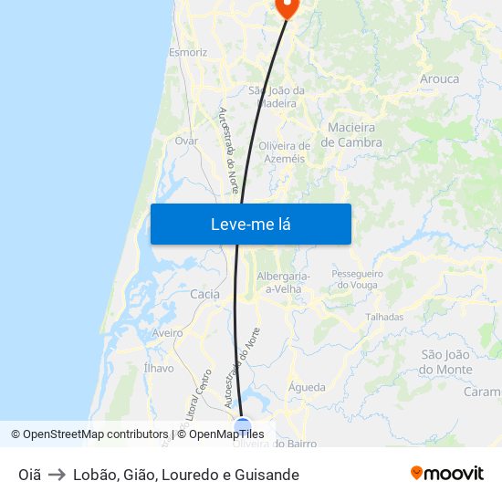 Oiã to Lobão, Gião, Louredo e Guisande map