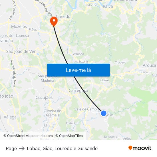 Roge to Lobão, Gião, Louredo e Guisande map