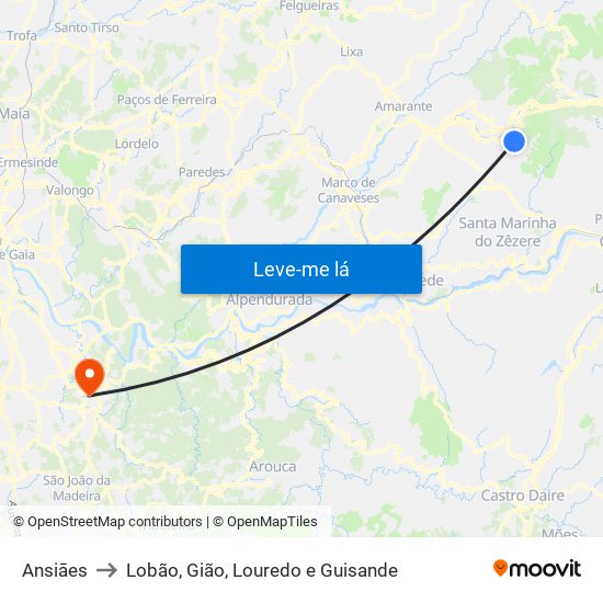 Ansiāes to Lobão, Gião, Louredo e Guisande map