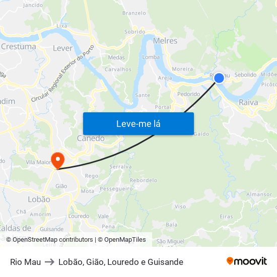 Rio Mau to Lobão, Gião, Louredo e Guisande map
