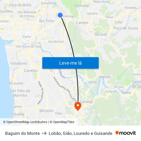 Baguim do Monte to Lobão, Gião, Louredo e Guisande map