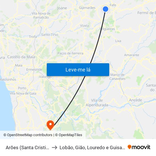 Arões (Santa Cristina) to Lobão, Gião, Louredo e Guisande map