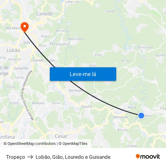 Tropeço to Lobão, Gião, Louredo e Guisande map