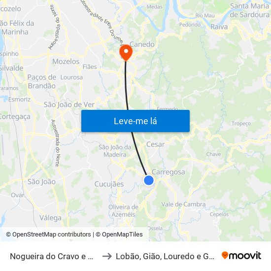 Nogueira do Cravo e Pindelo to Lobão, Gião, Louredo e Guisande map